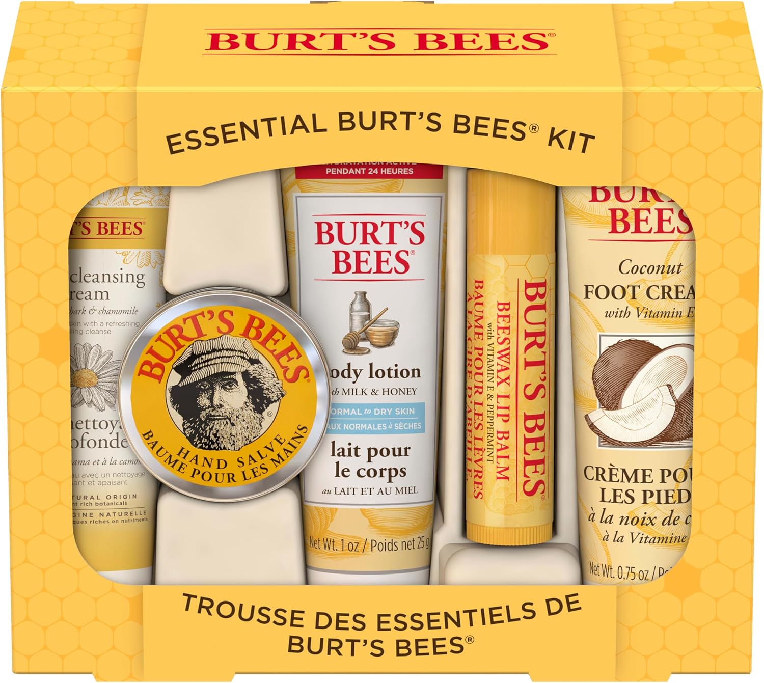 Burt's Bees Essential Kit Deep Cleansing Cream, Hand Salve, Body Lotion, Foot Cream & Lip Balm, Travel Size, 5 Essential Products