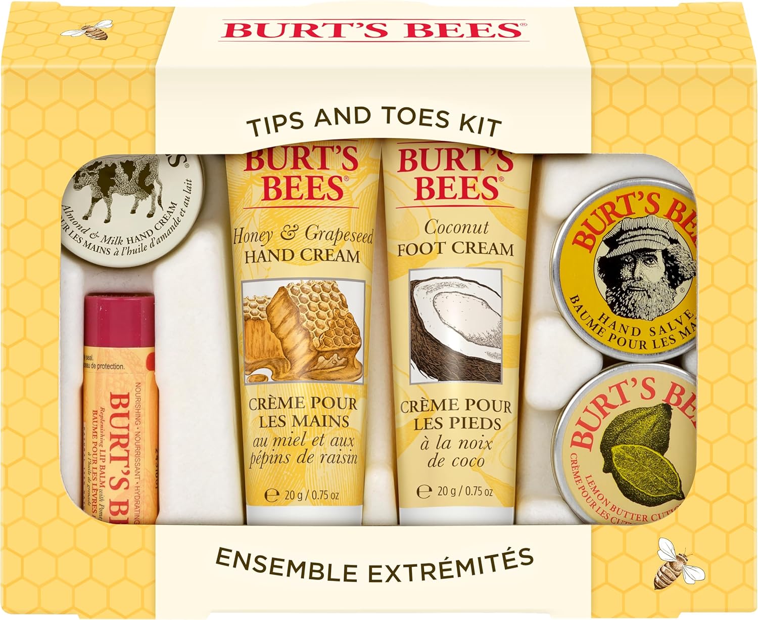 Burt's Bees Tips and Toes Kit, 6 Products, Lip Balm, Almond Milk Hand Cream, Hand Salve, Honey and Grapeseed Hand Cream, Cuticle Cream & Foot Cream, Travel Size, Gifts