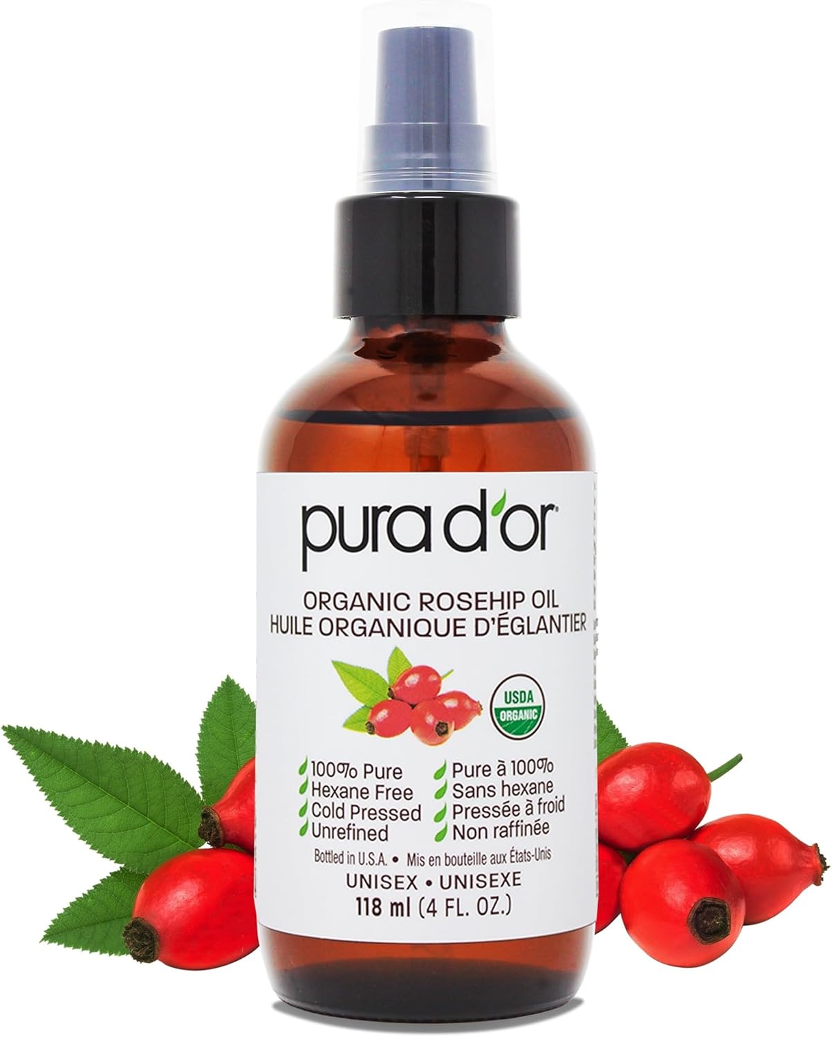 PURA D'OR ORGANIC Rosehip Seed Oil 4 Oz (118 ml) - 100% Pure Cold Pressed USDA Certified, Natural Moisturizer for Face, Hair & Skin - Suitable for Women & Men