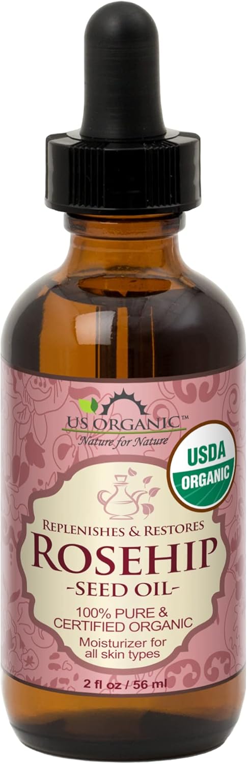 US Organic Rosehip Seed Oil USDA Certified Organic Amber Glass Bottle and Glass Eye Dropper for Easy Application - 2 oz (56 ml)