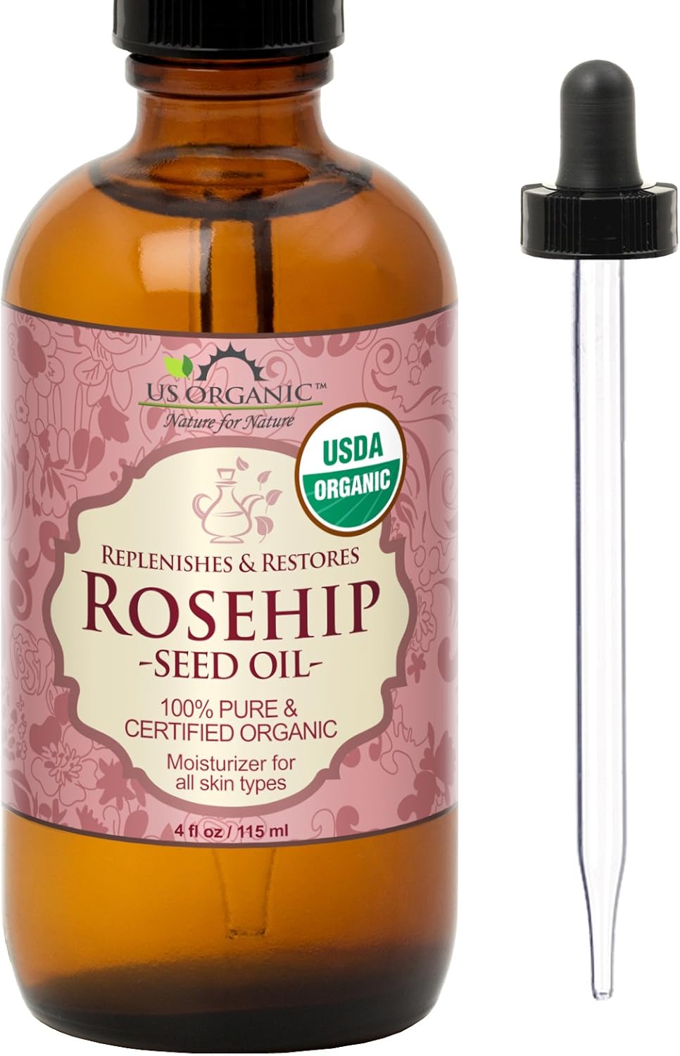 US Organic Rosehip Seed Oil USDA Certified Organic Amber Glass Bottle and Glass Eye Dropper for Easy Application - 4 oz (120 ml)