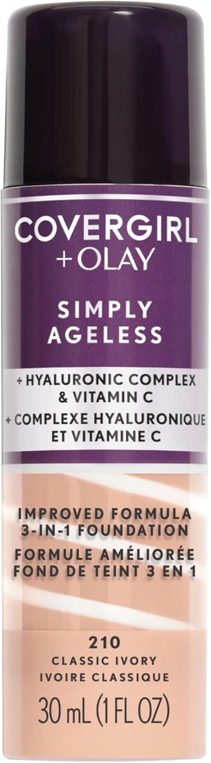 Simply Ageless 3-in-1 Liquid Foundation Infused with Hyaluronic Complex, Vitamin C and Niacinamide - Hydrating Formula, 100% Cruelty-Free