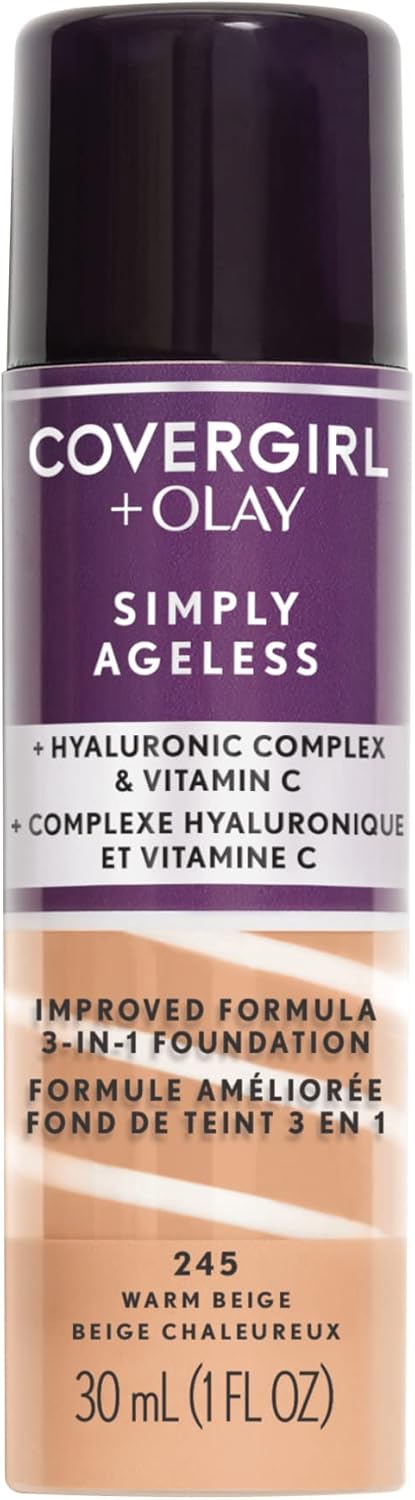Simply Ageless 3-in-1 Liquid Foundation Infused with Hyaluronic Complex, Vitamin C and Niacinamide - Hydrating Formula, 100% Cruelty-Free