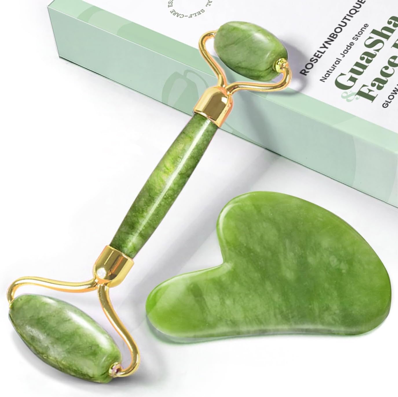 RoselynBoutique Jade Roller for Face and Gua Sha Set - Beauty Cosmetic Facial Skin Roller Massager Tool - Original Handcraft Natural Green Jade