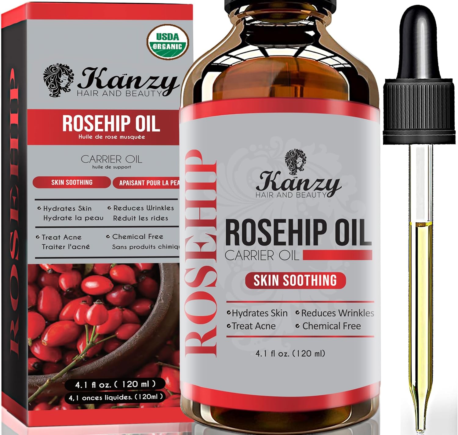 Kanzy Rosehip Oil for Face 120ml - 100% Organic Cold-Pressed Rosehip Oil for Skin, Hair, Nails & Body | USDA Certified, Vegan & Cruelty-Free Moisturizing Oil for Daily Use