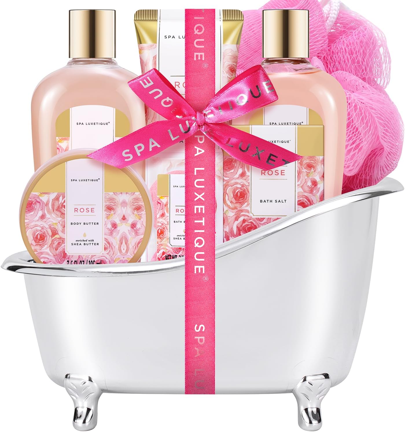 Spa Luxetique Rose Spa Gift Baskets for Women, 8pc Bath Gift Set with Lovely Bath Tub Holder, Bath Bombs, Shower Gel, Body Lotion & More! Perfect Birthday & Mothers Day Gifts for Women