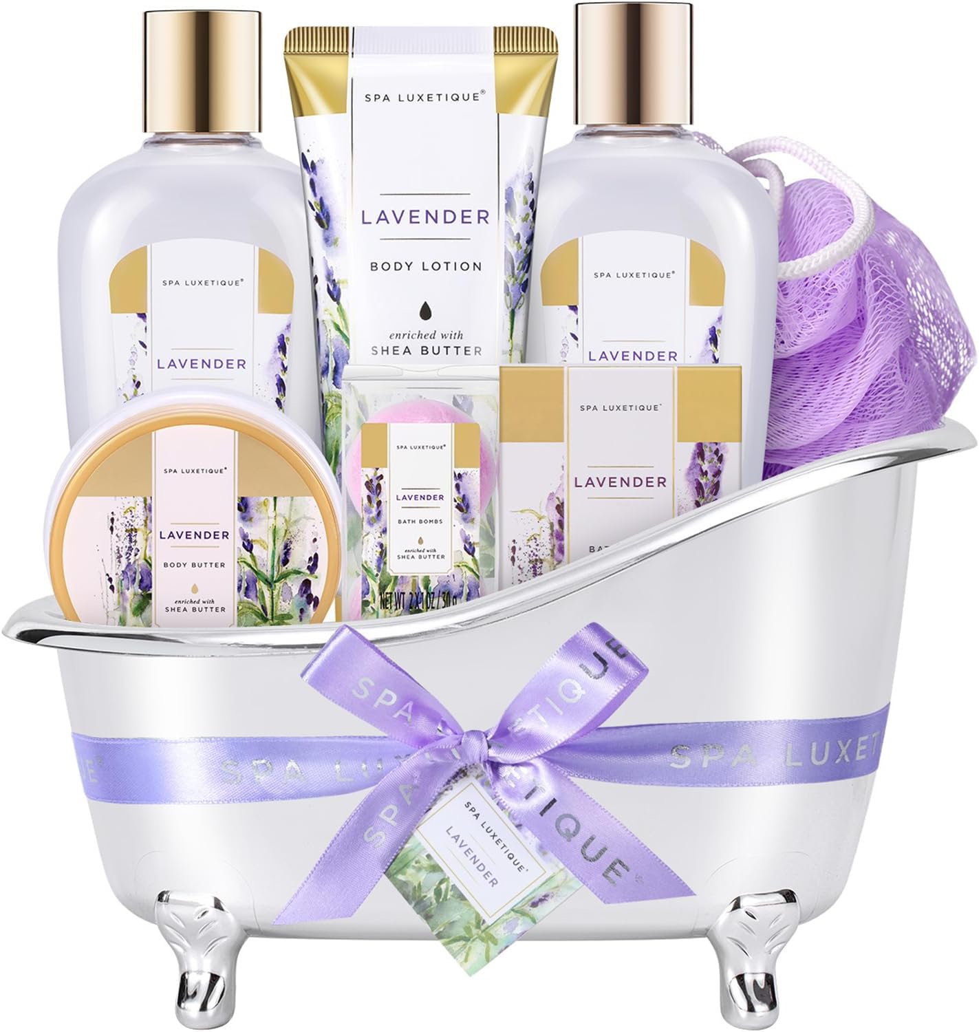 Spa Luxetique Spa Gift Baskets for Women, Relaxing Lavender Fragrance, Luxurious 8pc Bath Gift Set, Cute Bath Tub Holder, Bubble Bath, Bath Bombs, Body Butter & More. Perfect Birthday, Mothers Day Gifts for Women