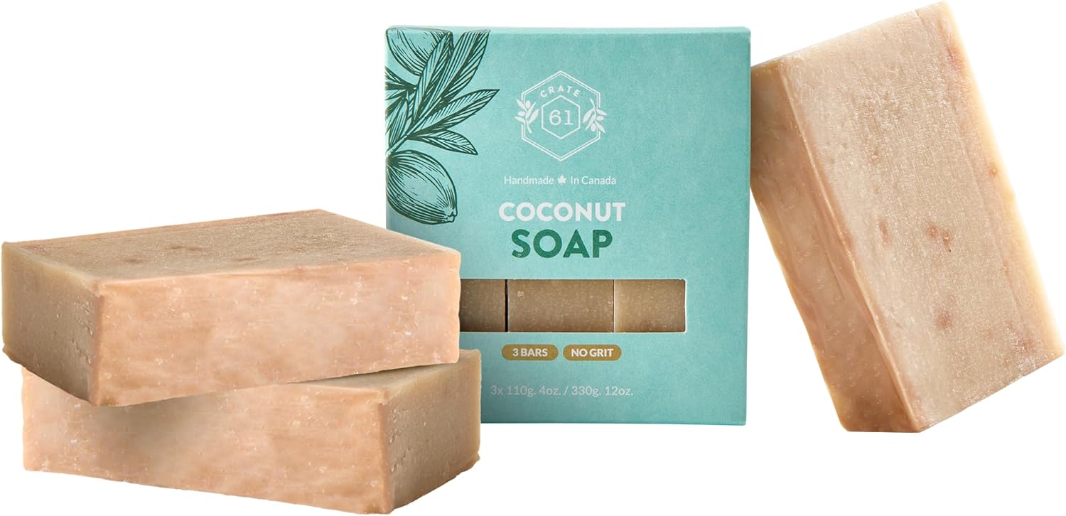 CRATE 61 ORGANICS Vegan Natural Bar Soap, Handmade Soap With Premium Essential Oils, Cold Pressed Face And Body For Men Women 3 Pack, (4 oz, Bars) (Coconut)