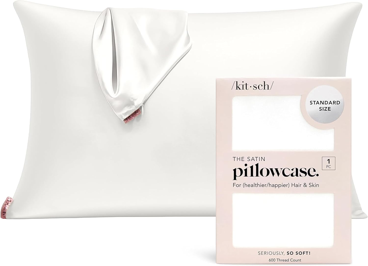 Kitsch Satin Pillowcase with Zipper for Hair & Skin, Softer Than Silk Pillow Cases Queen, Wrinkle-Free, Smooth and Cooling Satin Pillow Covers, Standard Size 19"x26", Ivory