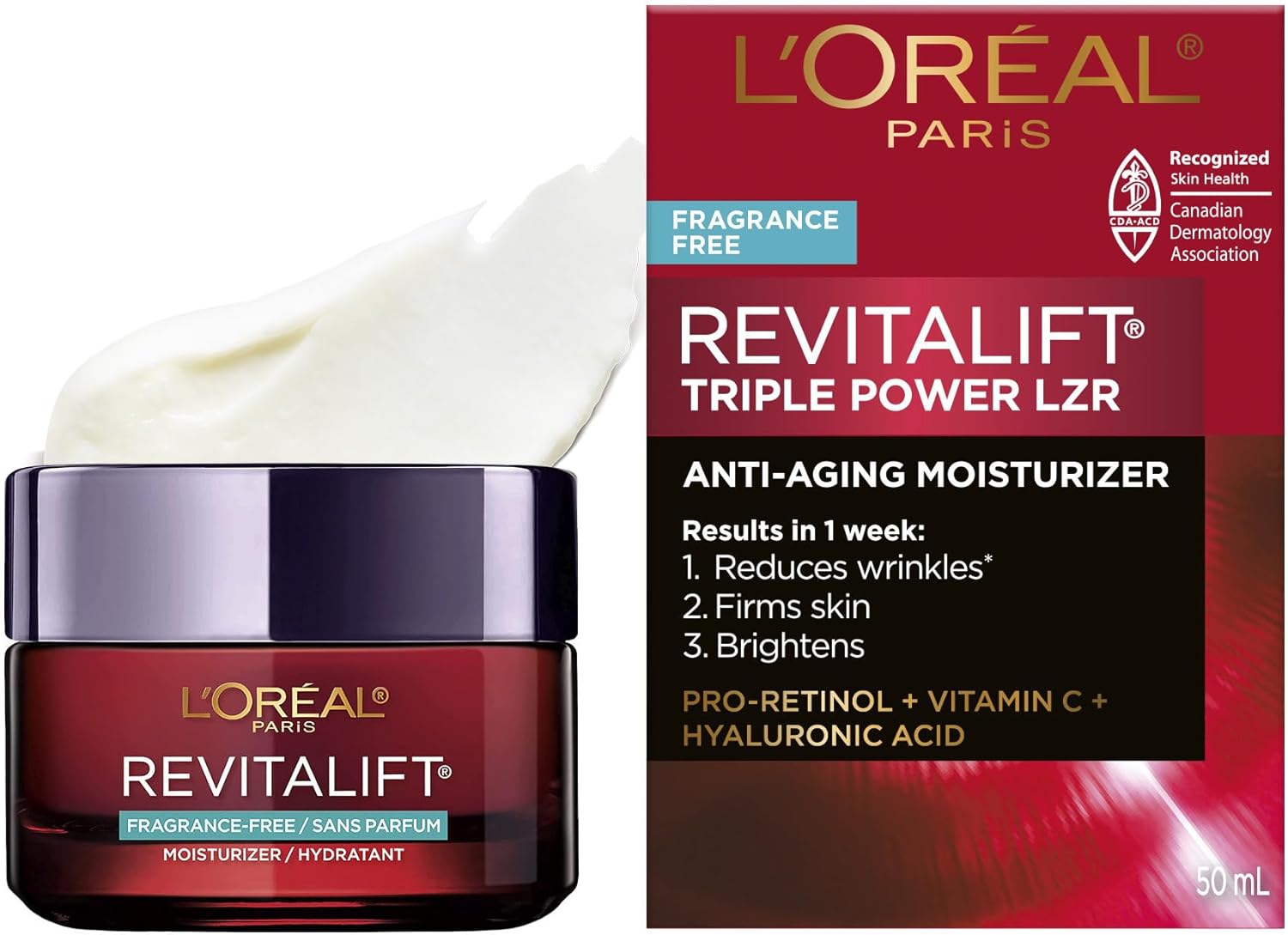 L’Oréal Paris Day Moisturizer, Revitalift Triple Power LZR, With Pro-Retinol, Vitamin C + Hyaluronic Acid, Reduces Look of Wrinkles, Firms Skin, Smoother Texture, Fragrance-Free, Skincare, 50 ml