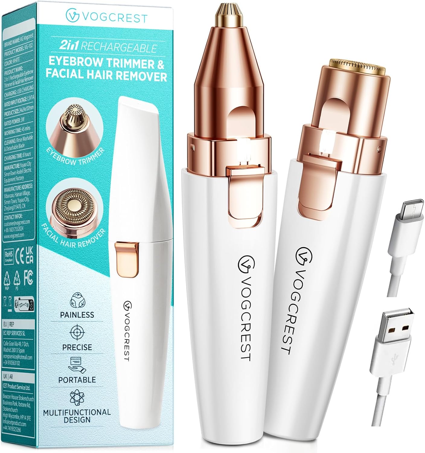 VG VOGCREST Eyebrow Facial Trimmer: 2 in1 Rechargeable Facial Hair Removal and Eyebrow Shaver - Face Lips Body Painless Facial Razor with Built-in LED Light (White)