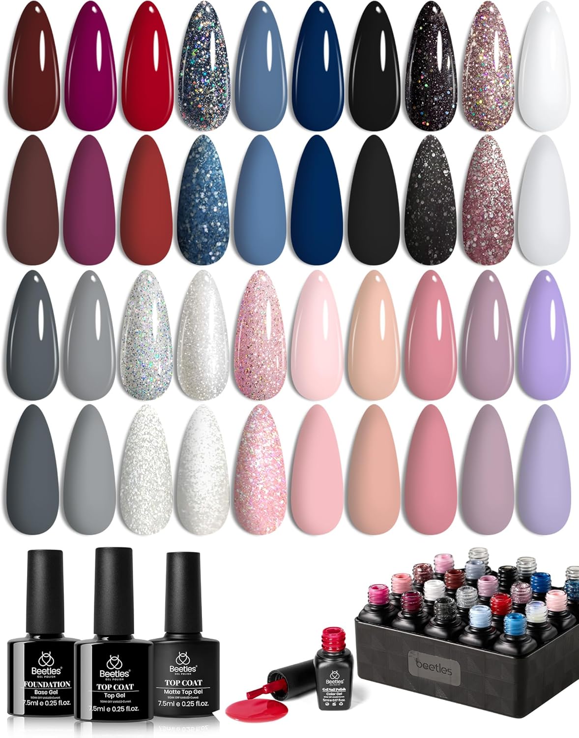beetles Gel Polish Kit, Nude Gray Pink Blue Burgundy Glitter Gel Polish Set Modern Muse Collection with 3Pcs Base Matte Glossy Top Coat Soak off Uv Gel for Women