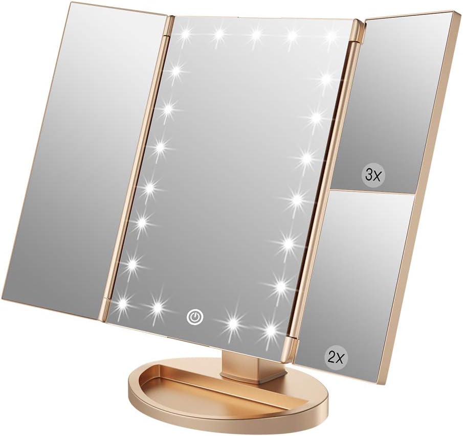 WEILY Lighted Makeup Mirror with 21 LED Lights, Trifold Vanity Mirror with 3X/2X/1X Magnification, Touch Screen, Dual Power Supply, 180 Degree Rotation Portable Mirrors for Travel (Gold)