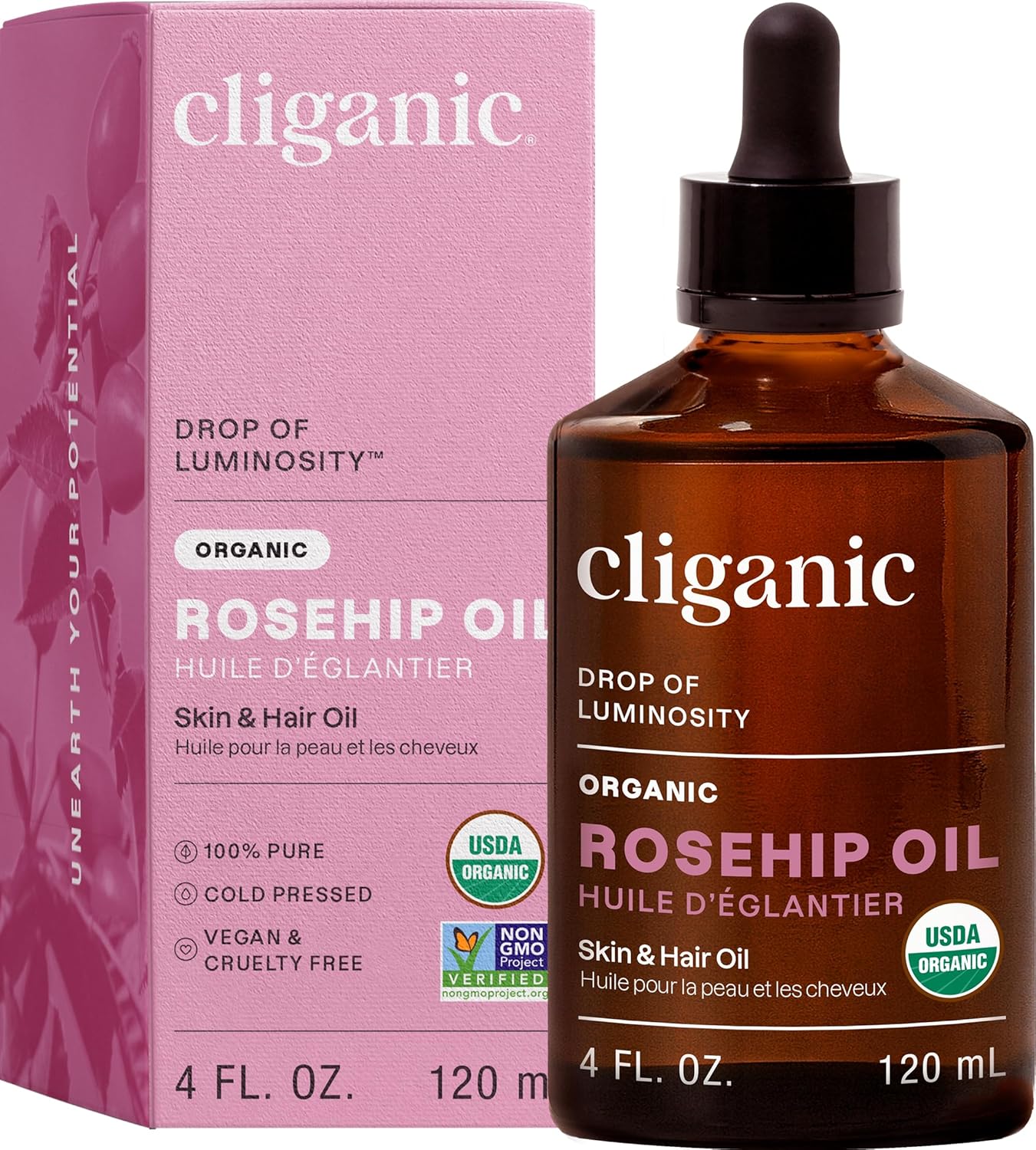 Cliganic Organic Rosehip Oil for Face, 100% Pure | Natural Cold Pressed Unrefined Carrier Seed Oil for Skin Hair & Nails | Certified Organic