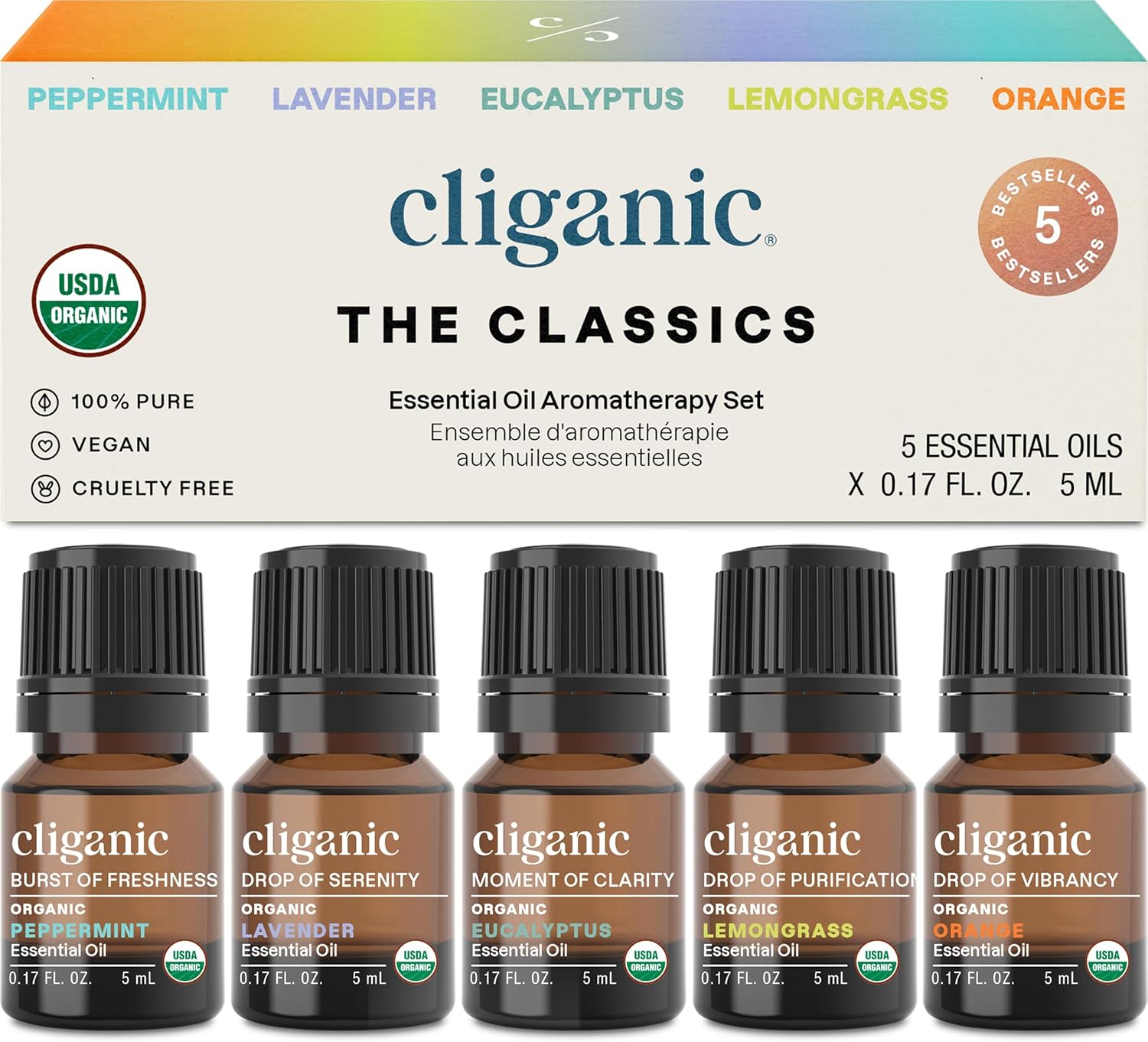Cliganic Organic Essential Oils Set (Top 5) - 100% Pure Natural - Aromatherapy, Candle Making - Peppermint, Lavender, Eucalyptus, Lemongrass & Orange