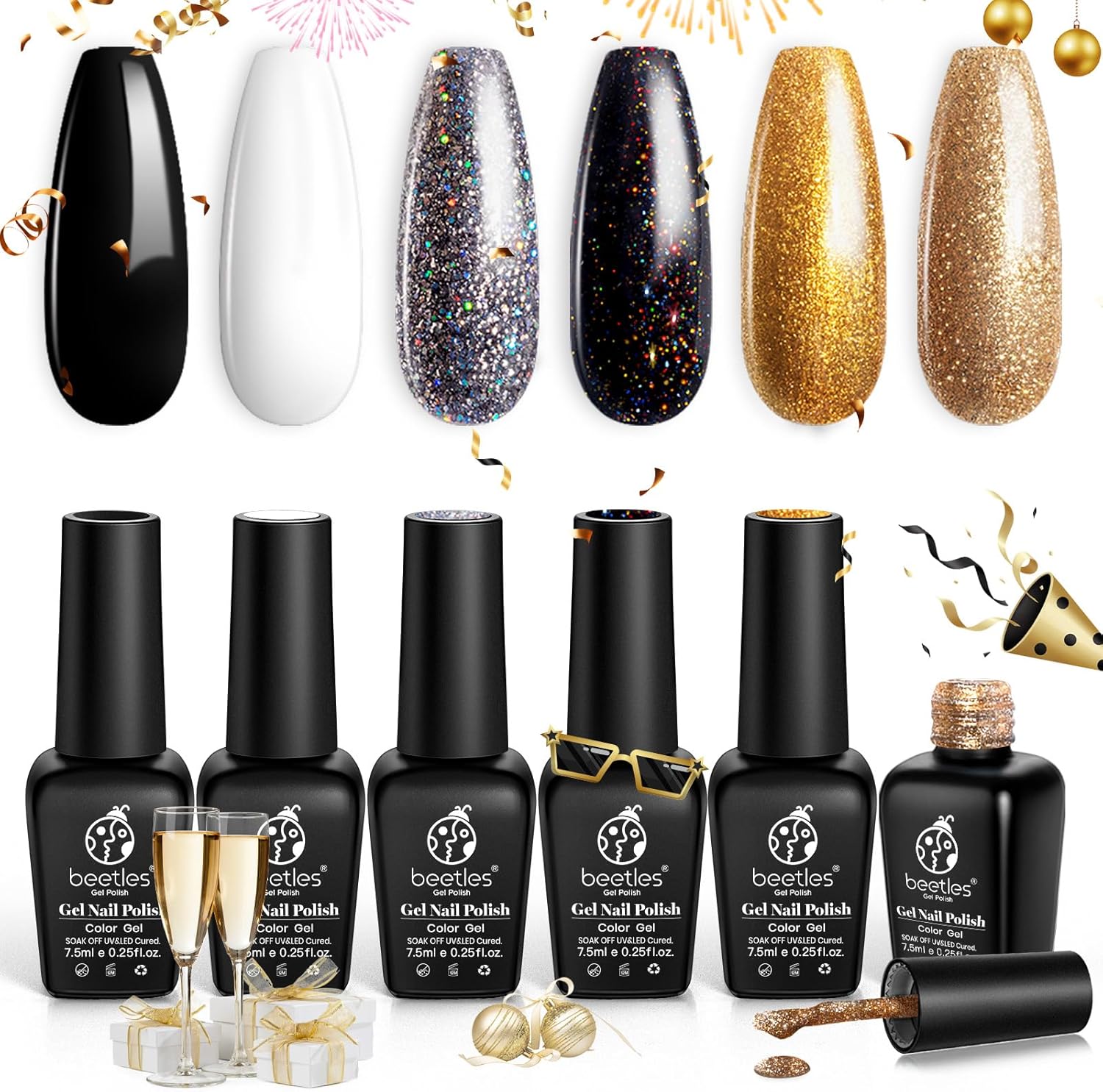 Beetles Gel Nail Polish Set, 6 Colors Black White Milky Gel Nail Silver Rose Gold Glitter Shimmer Winter Gel Nail Polish Kit Soak Off Nail Uv Lamp Gel Kit Gel Nail Art Gift for Women