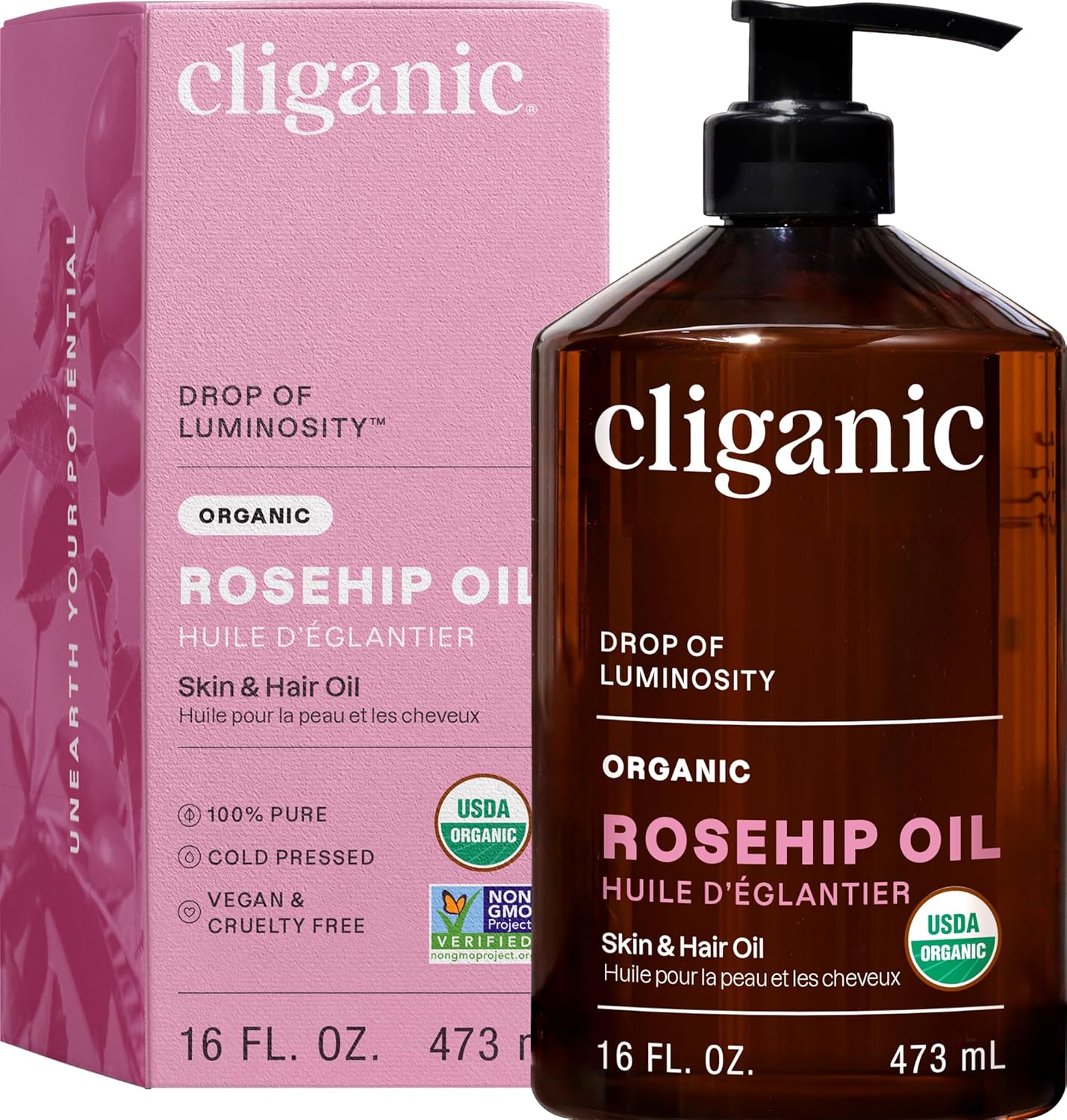 Cliganic Organic Rosehip Seed Oil for Face (480ml), 100% Pure | Natural Cold Pressed Unrefined Non-GMO | Carrier Oil for Skin, Hair & Nails