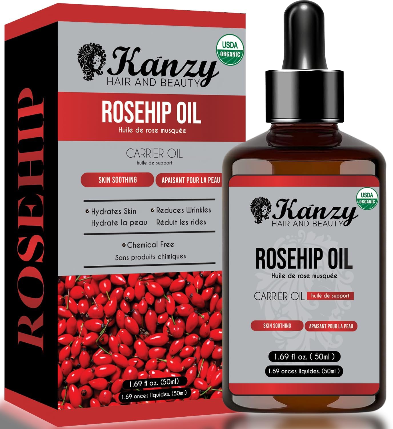 Kanzy Rosehip Oil for Face 50ml - 100% Pure, Natural, Cold-Pressed Rosehip Seed Oil for Skin, Hair & Nails | Hydrating, Nourishing & Moisturizing Face Oil