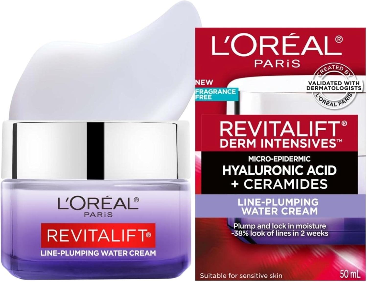 L'Oréal Paris Hyaluronic Acid + Ceramides Line-Plumping Water Cream, 24-Hour Hydration, Face Moisturizer, Reduces Look of Lines, Revitalift, For All Skin Tones & Types, Fragrance Free, Non Comedogenic, 50ml