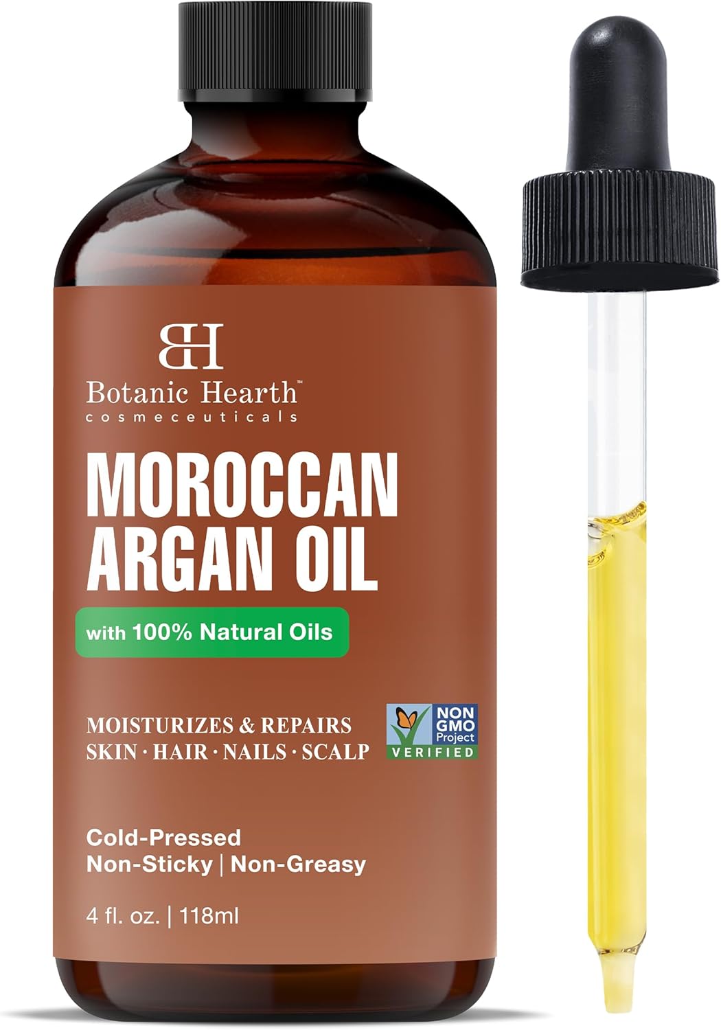 Argan Hair Oil for Dry, Frizzy & Curly Hair, Hydrating & Strengthening Moroccan Argan Oil, Non-GMO Verified, 4 fl oz