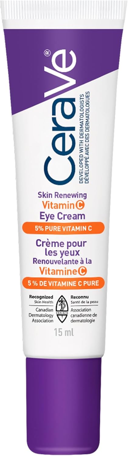 Skin Renewing Vitamin C Eye Cream for Dark Circles & Fine Lines with 5% Pure Vitamin C, Hyaluronic Acid, & Caffeine, Hydrating & Brightening Anti-Aging Eye Treatment, Fragrance-Free, 15mL