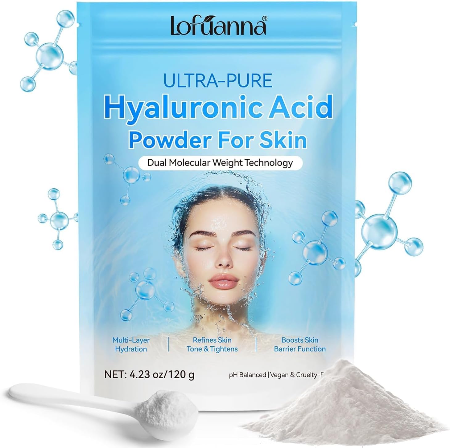 Hyaluronic Acid Serum, 100% Ultra-Pure Hyaluronic Acid Powder, High Molecular Weight, Deep Hydration and Moisture Support Hyaluronic Acid Supplements, Vegan, Water Soluble for All Skin Types 120g